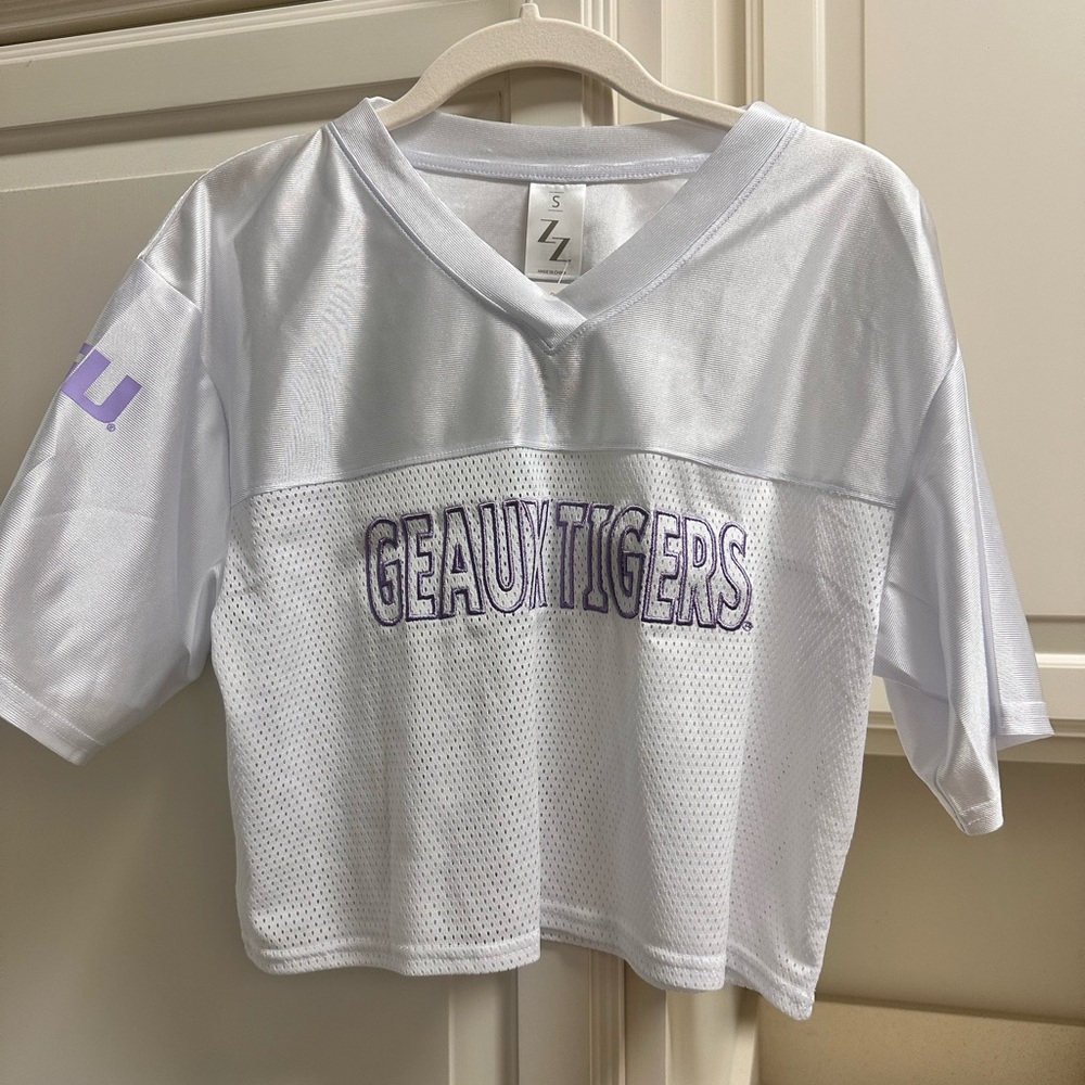 White and Purple Geaux Tigers cropped jersey